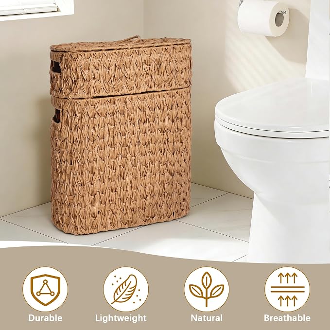 Livole 2-in-1 Wicker Toilet Paper Storage Basket with Lid, Natural | Holds Up 16 Regular Rolls, Slim Hand-Woven Plastic Rattan Waterproof Toilet Paper Organizer for Bathroom