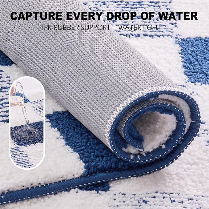 CozeCube Navy Blue Checkered Bath Mat 47"x24" Non Slip Washable Rug | For Bathroom Non Slip, Fluffy Absorbent Microfiber Bath Mats Machine Wash, Stylish Long Aesthetic Bathroom Rugs