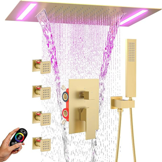 ENGA Shower System with Body Jets, 2 In 1 Functions Ceiling Mount 14x20inch LED Shower Head with 4 Body Jets, Rainfall Waterfall Shower Faucet Set, Brushed Gold