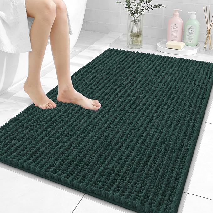 OLANLY Large Bathroom Rugs 40x32, Thick Soft Absorbent Chenille Bath Rugs | Blackish Green, Quick-Drying Rubber Backing, Shaggy Bath Mat, Washable for Floor, Tub and Shower, Home Decor Accessories