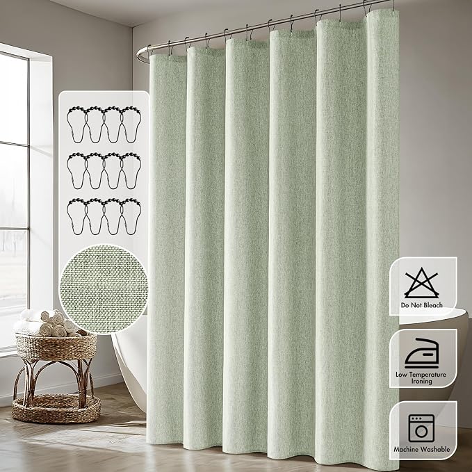 ANRODUO Sage Green Extra Long Linen Fabric Shower Curtain Set - W72xL108 | Farmhouse Shower Curtain with 12 Metal Hooks, Waterproof Heavy Duty, Button Hole Design, Machine Washable for Bathroom