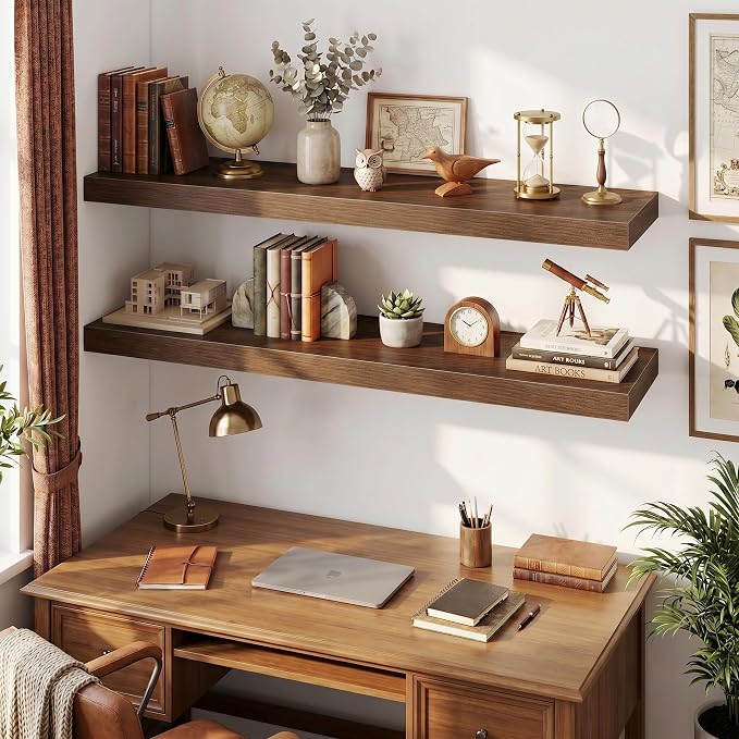 Fun Memories 55 Inch Floating Shelves for Wall - 12 Inch Deep Fireplace Mantel Shelf - Wood Floating Shelf for Wall - Large Storage Shelves Wall Mount for Living Room & Bedroom - Walnut - Set of 2