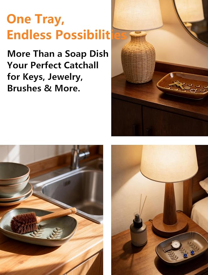Miamolo Soap Dish for Shower, Bar Soap Holder, Raised Design No Mushy Soap | Space-Saving Soap Saver | Ceramic, Non-Slip, Dishwasher Safe | Fits Shower, Tub, Kitchen Sink | Farmhouse Rustic Decor, Brown