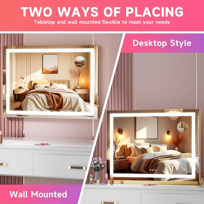 Vanity Mirror with Lights, 32" x 22" LED Makeup Mirror with 10X Magnification, Dimmable 3 Modes, Memory Function, Smart Touch, USB Charging Port, Lighted Makeup Mirror Square Glod