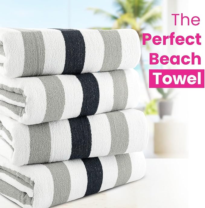 CASA COPENHAGEN Monaco Beach Towels Designed in Denmark Rough and Tough, Quick Dry, for Pool, Bath & Shower 30x60 inches 4 Pieces Cotton Beach Bath Towels Set - Charcoal Grey