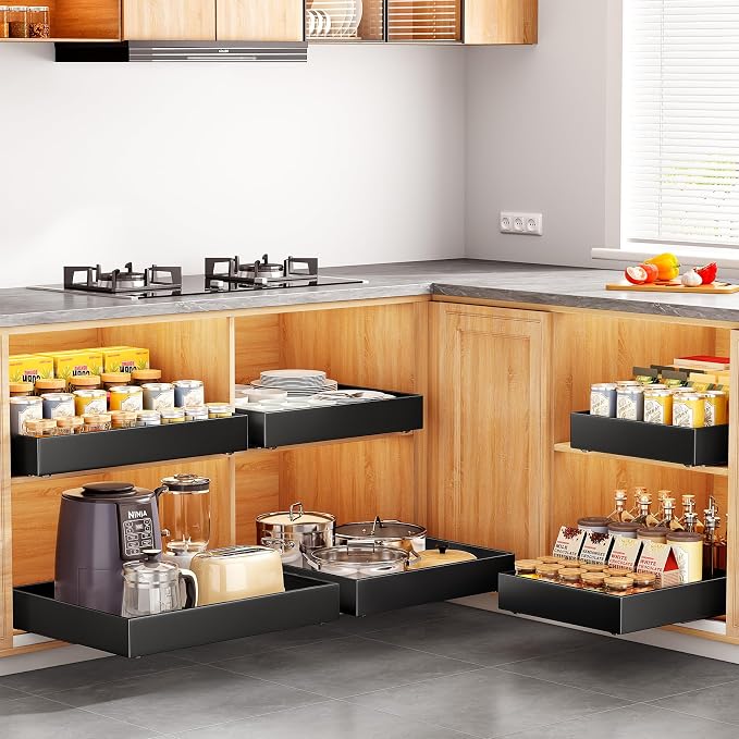 2Pack Pull out Cabinet Organizer, 21"Deep, 20"Wide Full-extension Heavy Duty Slide out Drawers Fixed with Adhesive Nano, Roll Out Shelves Sliding Cabinet for Kitchen,Bathroom,Pantry,Under Sink(Black)