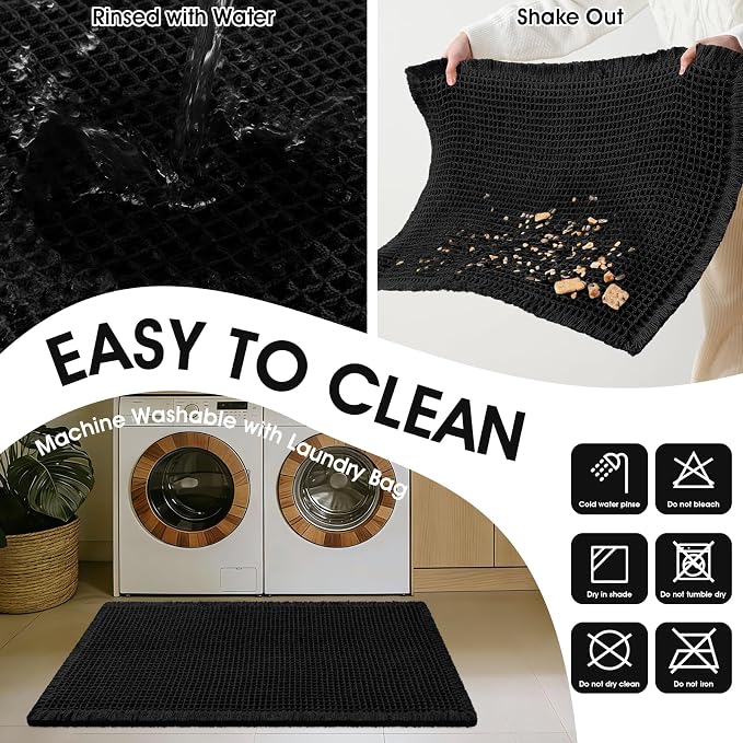 Upgraded Waffle Bath Mat, 36"x24" Black, Super Absorbent Non-Slip Quick Dry Bathroom Rugs with Tassels, Machine Washable Ultra Soft Boho Bath Rugs for Floor, Toilet Mats Boho Farmhouse Decor