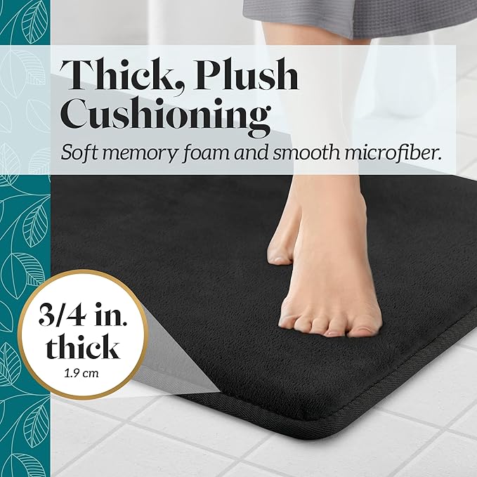Memory Foam Bath Mat Non Slip Absorbent Super Cozy Velvet Bathroom Rug Carpet (20 inches X 32 inches, Black)