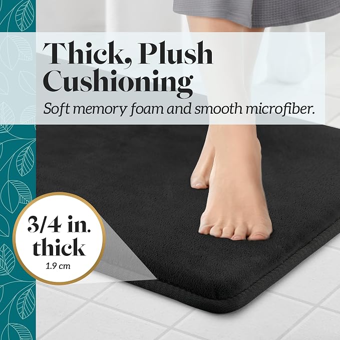 Memory Foam Bath Mat Non Slip Absorbent Super Cozy Velvet Bathroom Rug Carpet (22 inches X 36 inches, Black)