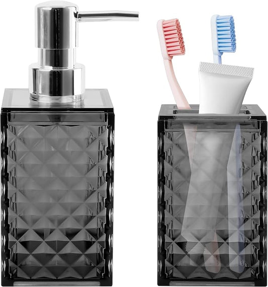 2 PCS Bathroom Accessory Set, Grey Soap Dispenser and Toothbrush Holder | Grey Bathroom Accessories Sets for Modern Bathroom Decor, Plastic Bathroom Sets