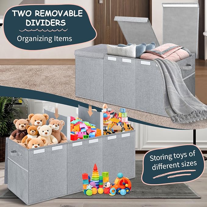 Extra Large Toy Box with Lids, Collapsible Storage Bin, 38"x16"x14",Gray | Sturdy Chest Basket with Dividers for Boys & Girls, Bedroom Nursery Playroom Organization