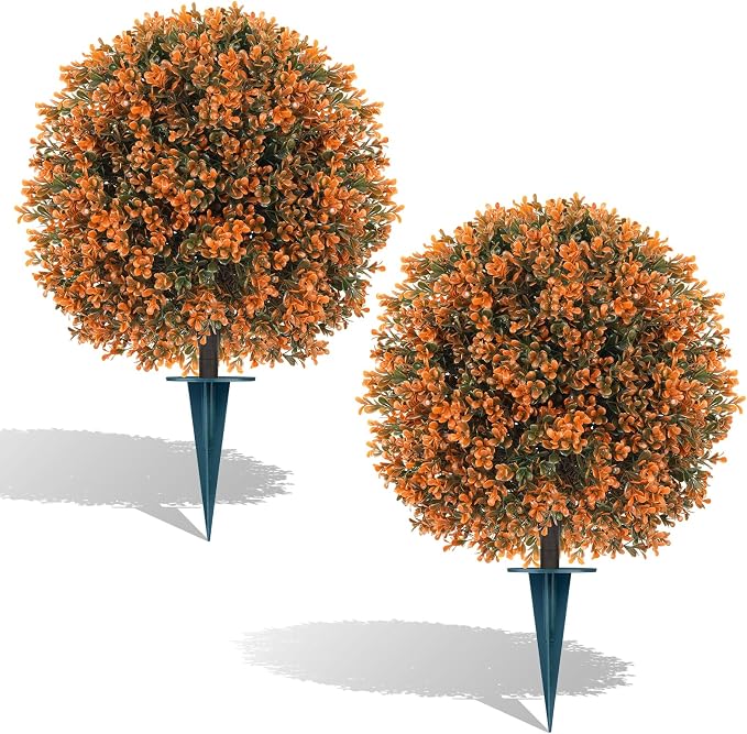 Artificial Boxwood Topiary Ball Outdoor Set of 2, Fake Bushes | Fall UV Resistant,Fake Plants with Ground Spike,Faux Boxwood Trees Shrubs for Outdoor Indoor Garden Porch Home Decor