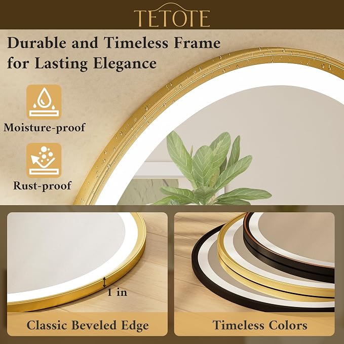 Gold Round Led Mirror with Lights 24 Inch Metal Framed Round Circle Lighted Bathroom Vanity Mirror Wall Mounted, Front and Backlit 3 Color Stepless Dimmable Anti Fog, Shatterproof, CRI 90+