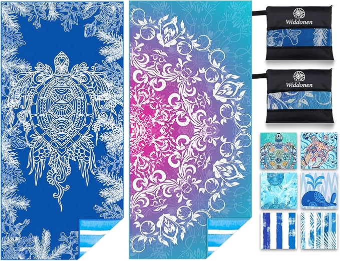 Widdonen Microfiber Beach Towel,Compact 2 Pack-71x32 Inch with Bag Travel | Extra Large,Lightweight,Thin,Sand Free,Quick Dry,Absorbent.Packable for Camping,Swim,Pool,Bath,Picnic,Cruise Essentials Gift