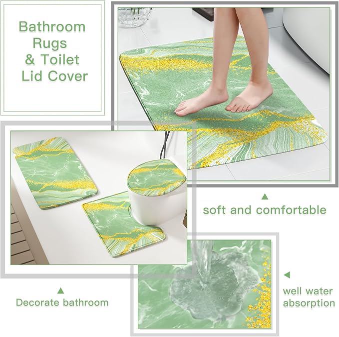 21PCS Bathroom Sets with Shower Curtain and Rugs Bathroom Accessories Set Dark Green Bathroom Set Complete with Trash Can, Toilet Brush, Qtip Holder & 3PCS Soap Dispenser