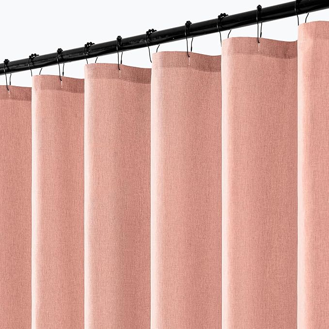 ANRODUO Blush Pink Linen Textured Fabric Shower Curtain Set - W72xL72 | Farmhouse Shower Curtain with 12 Metal Hooks, Waterproof Heavy Duty, Button Hole Design, Machine Washable for Bathroom