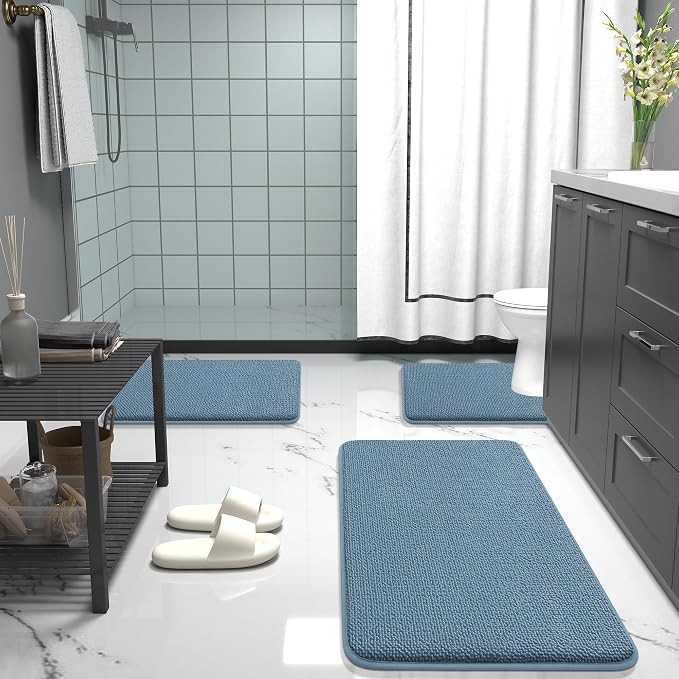 OLANLY Thick Memory Foam Bathroom Rugs 30x20, Absorbent Bath Mat, Airy Blue | Soft Quick Dry Bath Rugs, Non-Slip, Machine Washable Carpet for Bathroom Floor, Tub and Shower, Home Decor Accessories