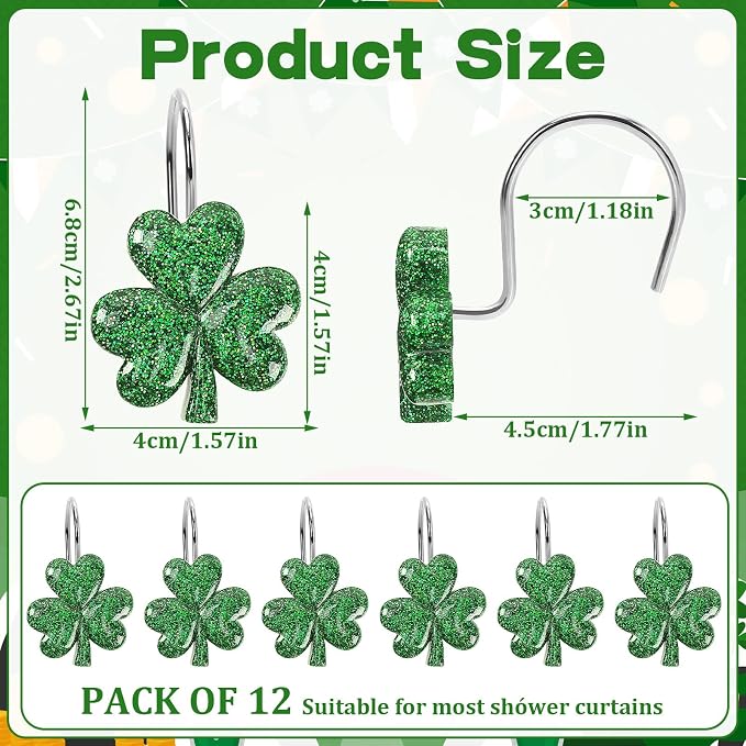 12Pcs St. Patrick's Day Glitter Shamrock Shower Curtain Hooks | Glitter Shamrock Design, Durable Resin Metal, Easy Installation, Versatile Use, and 12Pcs Set Perfect for Holiday Decor