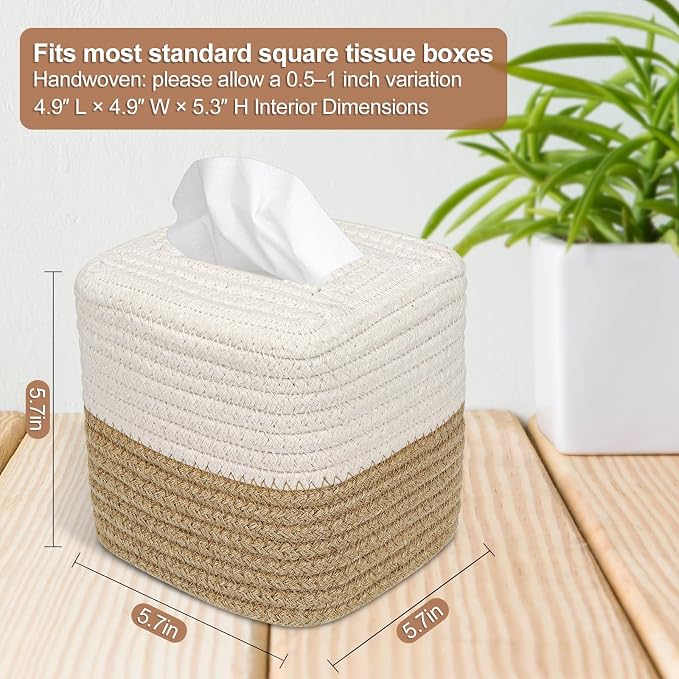 Boho Tissue Box Cover: Natural Handwoven Square Cover for Bathroom | Open-Bottom Design with Tassel, For Kitchen, Tabletops, Home & Office, Farmhouse Decor