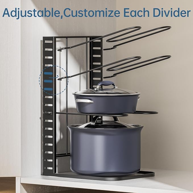 Pots and Pans Organizer Under Cabinet 14.6", 8-Tier Adjustable Rack | 3 DIY Modes, Tool-Free Assembly, Fits 6–11" Lightweight Cookware, For Kitchen Cabinets, Shelves & Countertops Pot Organizer
