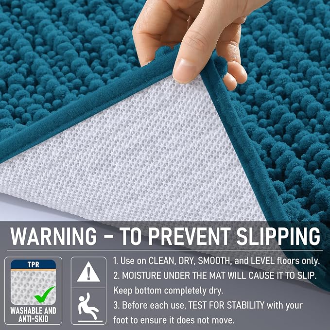 OLANLY U-Shaped Toilet Rug 24x20, Thick Soft Absorbent Chenille Contour Rug | Peacock Blue, Shaggy Bathroom Mat with Non-Slip Rubber Backing, Quick-Drying, Washable for Toilet, Home Decor Accessories