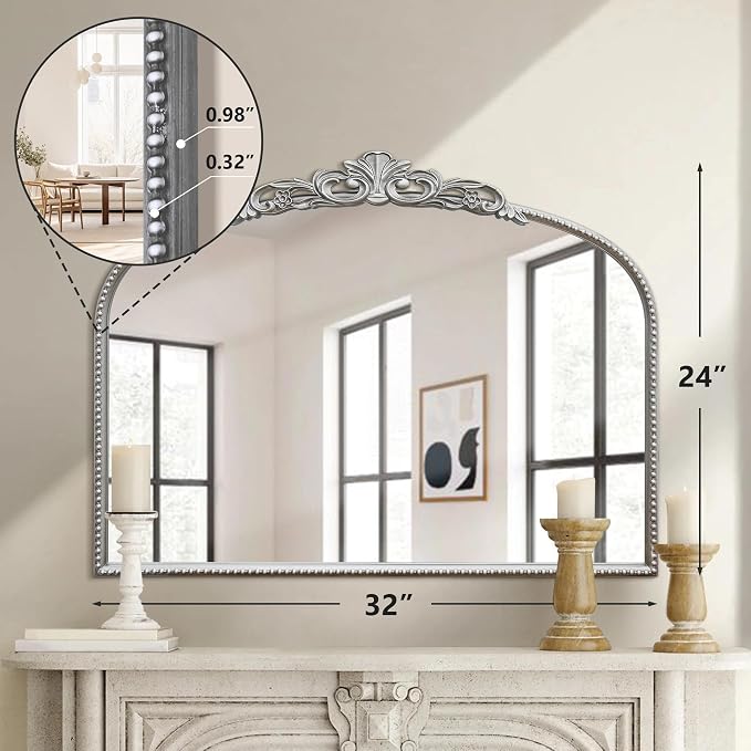 Micasso Vintage Silver Arched Mirror: 32"x24" Baroque Antique Vanity Mirror | Traditional Ornate French Decorative Wall Mirror for Bedroom/Bathroom/Entryway/Hallway/Dresser/Mantel/Nightstand/Over Sink