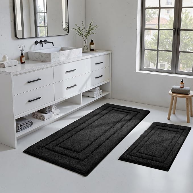 HOMEIDEAS Bathroom Rugs Sets 2 Piece, Super Soft and Absorbent Non Slip Microfiber Machine Washable Bath Mat Set (20" x 47" + 16" x 24", Black)