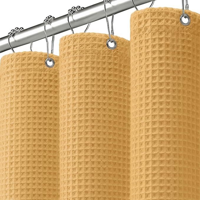 Waffle Weave Shower Curtain Heavyweight Cotton Fabric Gold 72Wx72L | Soft Cotton Cloth,3D Square Truely Waffle Washable, Hotel Luxury Spa, Shower Curtain Set for Bathroom 12 Plastic Hooks