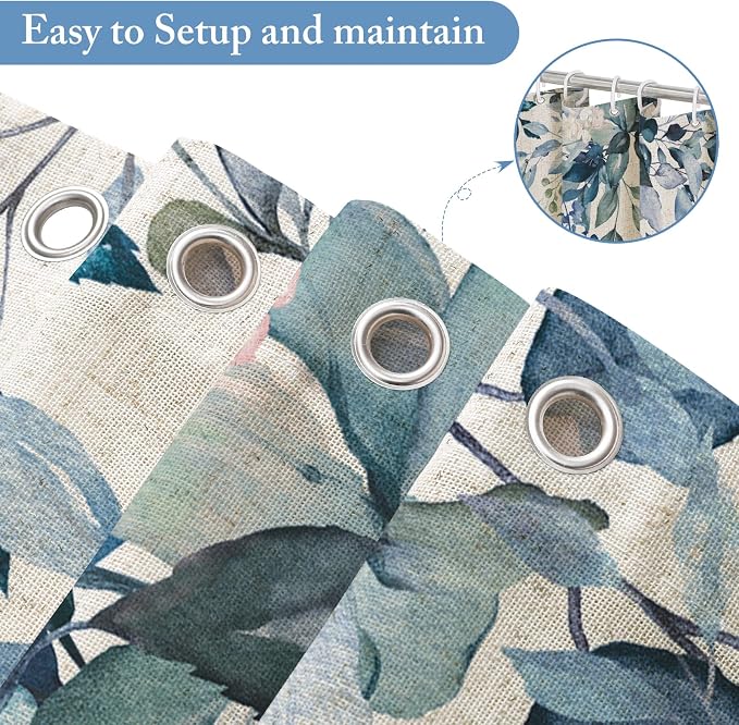 Blue Linen Eucalyptus Shower Curtain, Watercolor Floral, 36x72 | Watercolor Plant Leaves Floral Print, Polyester Linen Blend Bathroom Decor, Machine Washable, Rustproof Grommets