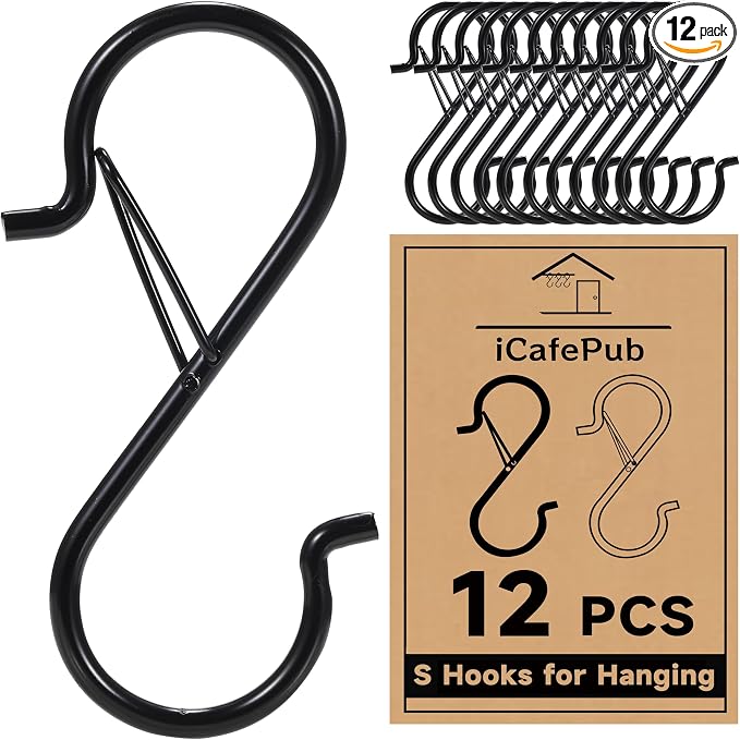 12 Pack 5 Inch S Hooks for Hanging, Heavy Duty S Hooks with Safety Buckle | Metal S Shaped Hanger Hooks for Hanging Kitchen Utensil, Cups Pots Pan Closet Plants Purse Bags Hats(Black)