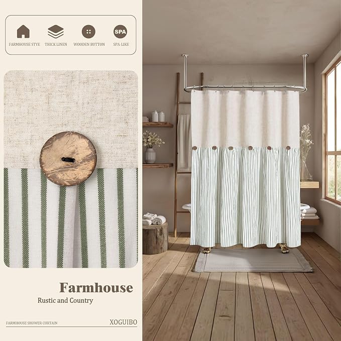 Farmhouse Shower Curtain Linen Button Green Stripe 72" W x 72" L | Farmhouse Style, Chic Button, Striped, Linen Fabric, Rustic, Country, Natural Look, Washable, for Bathroom Bathtub
