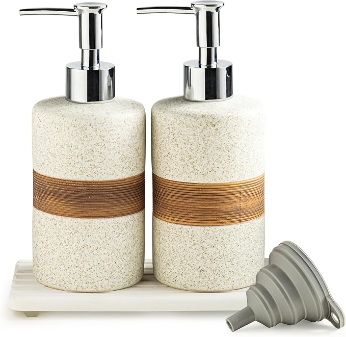 2 Pack Ceramic Soap Dispensers Set, Hand and Dish Soap Dispenser | Shampoo and Conditioner Dispenser Set, for Bathroom and Kitchen | with Stainless Steel Pump, Silicone Funnel and Tray, White