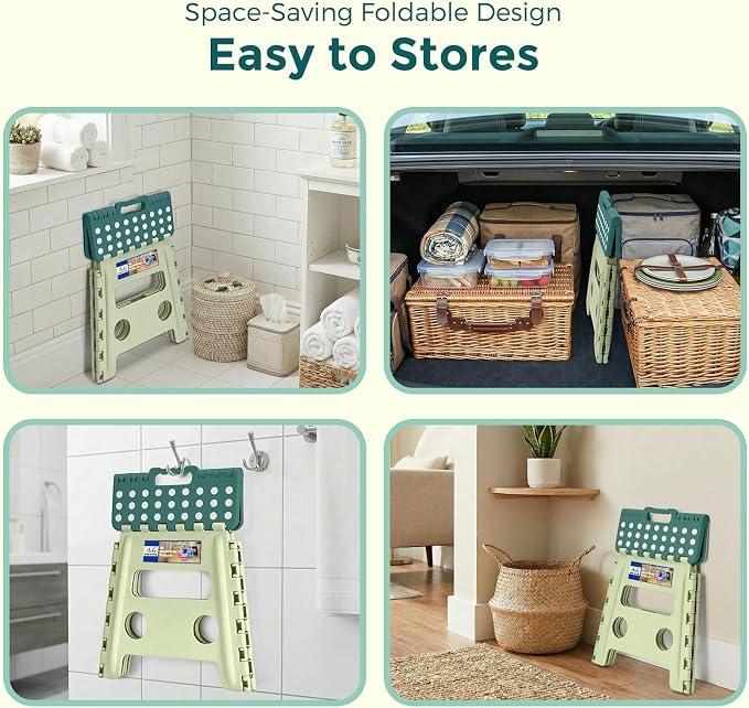 ACKO 13 Inch Folding Step Stool, Holds 300 lbs for Adults and Kids, Green | Collapsible Foldable Stools, Non-Slip Surface Heavy Duty Foot Stepping stool for Kitchen Bathroom Outdoor, Built-in Handle