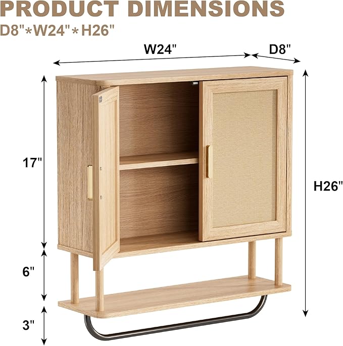 Rattan Bathroom Wall Cabinet with Towel Bar, Wall-Mounted Medicine Cabinet with Adjustable Wood Shelf & Doors, Over the Toilet Storage Cabinet for Laundry Room & Kitchen & Living Room