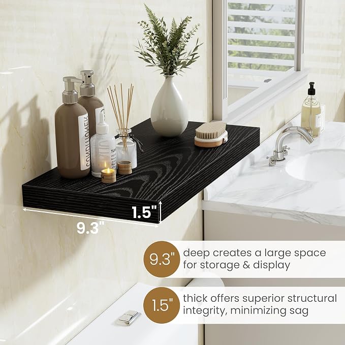 Fun Memories Black Floating Shelves 36 Inch Long, 9.3 Inch Deep Floating Shelf 2 Pack for Wall Bathroom, Living Room, Kitchen, Large Long Wall Shelves with Heavy-Duty Bracket for Books Decor