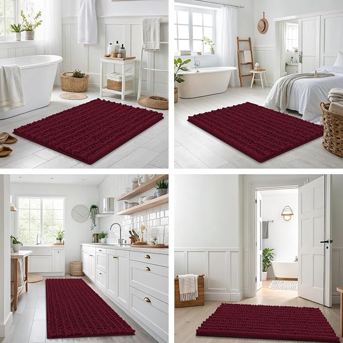 Smiry Bathroom Rugs 24X16, Extra Soft Rubber Backing Chenille Bath Mats | Burgundy Machine Washable Non Slip Quick Dry Bath Mats for Bathroom Floor, Tub, Shower, Home Decor Accessories