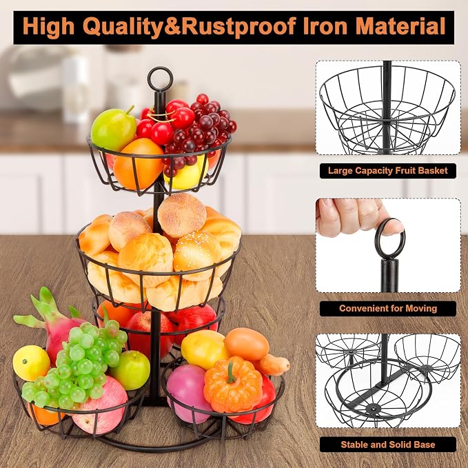 Livabber Fruit Basket Bowl, Metal Fruit Vegetable Storage Basket for Kitchen Counter, Large Capacity Vegetable Holder Rack Detachable Organizer for Bread Snack Produce (Black, 5-Tier Metal Base)
