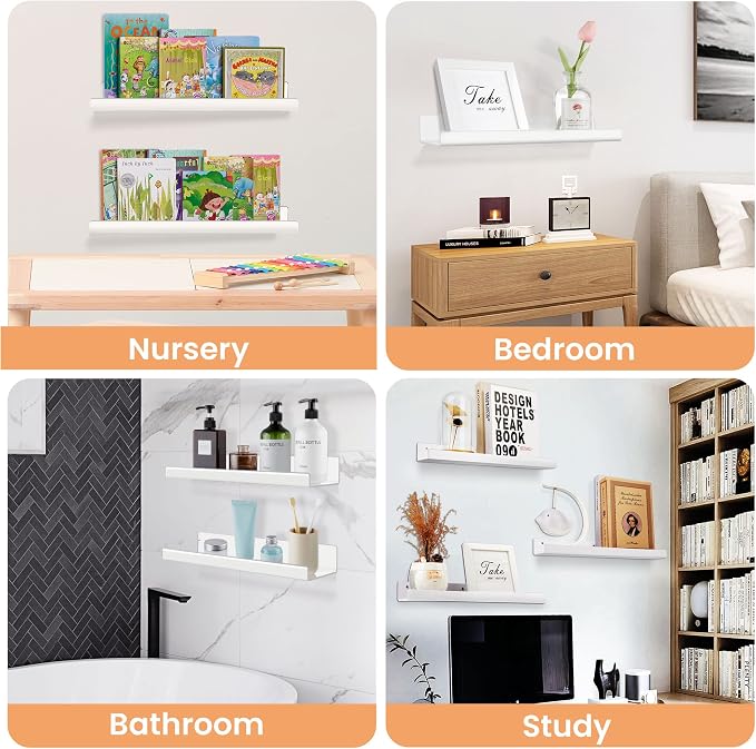 upsimples 4 Pcs 15" Acrylic Shelves for Wall Organize and Display, White | Cute Floating Shelf for Perfume, Skincare, Nail Polish, Wall Organizer for Bedroom, Living Room, Playroom, Room Décor