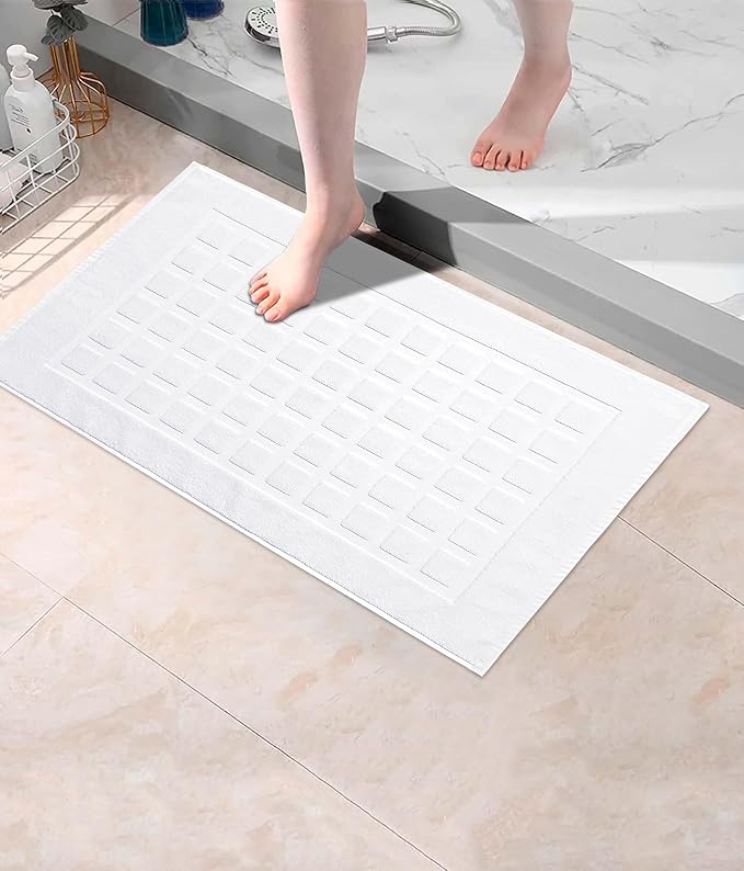 COTTON CRAFT Bath Tub Mats- 2 Pack Sculpted Tile Bathroom Mat - White | Heavyweight 1100 GSM Absorbent 100% Cotton Luxurious Hotel Spa Step Out Floor Mat - Shower Mat -Not a Bath Rug - 21x34