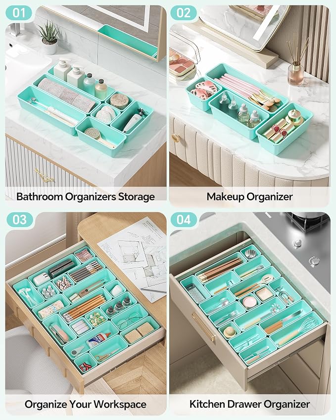 Canfanni 13 Pack Plastic Drawer Organizers Set, 3 Sizes Desk Drawer Organizer Trays for Vanity and Makeup Organizer, Organization and Storage for Makeup, Kitchen Utensils, Bathroom and Office(Blue)