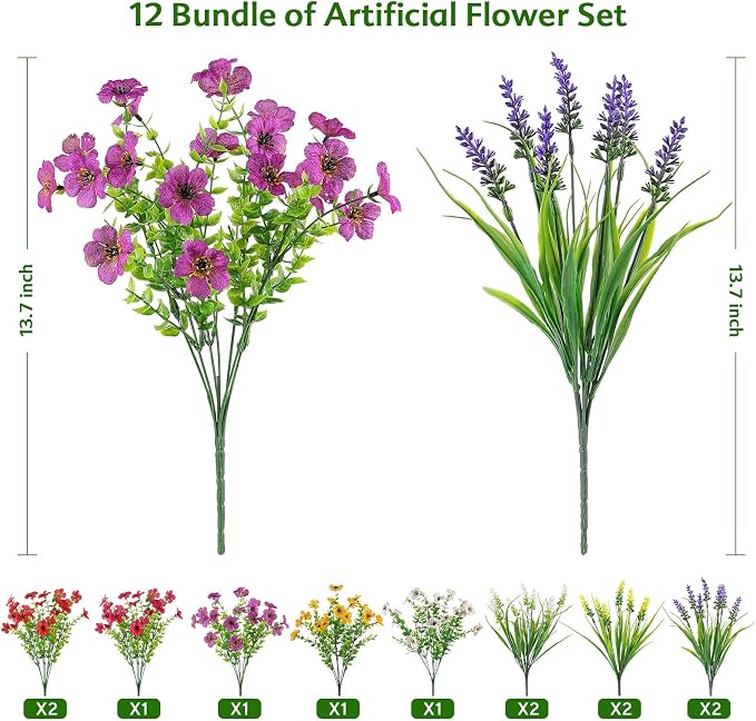 AGIRL Artificial Flowers Outdoor UV Resistant Fake Plant Garden Patio Decor | 12 Bundles,No Fade Plastic Faux Flowers for Hanging Planters front porch yard Indoor Outside,grave decorations for cemetery