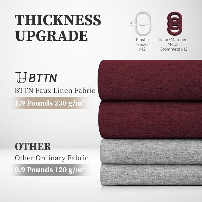 72x78 Linen Textured Waterproof Fabric Shower Curtain Set, Burgundy | Long Size, 230GSM Polyester, Heavy Duty Cloth, Weighted Hem, 12 Plastic Hooks, Modern Luxury Hotel Style, Machine Washable