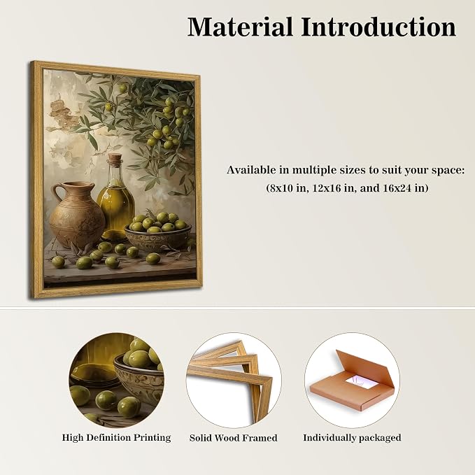 Wood Framed Olive Kitchen Wall Art, Vintage Rustic Still Life Canvas Print, Green Olives Poster Print Picture, Fruit Wall Decor Painting for Dining Room Cafe Restaurant Farmhouse Home Decor 16x24 inch