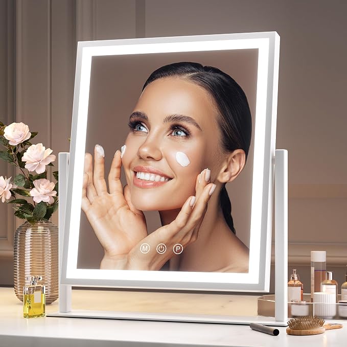 Hasipu Vanity Mirror with Lights, 12" x 14" LED Makeup Mirror, Light up Mirror with Smart Touch 3 Color Modes and Brightness Adjustment, 10X Magnifying Glass,360° Rotation