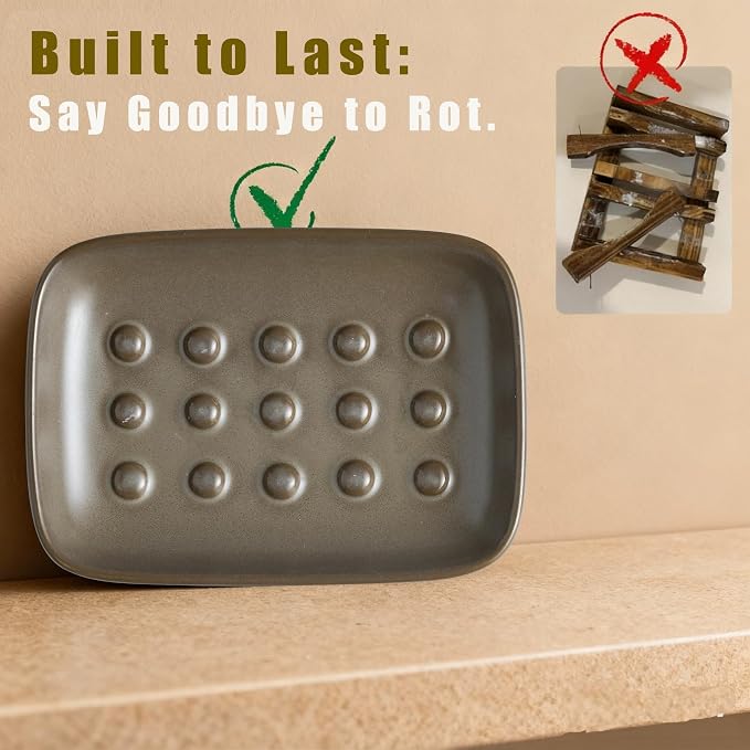 Miamolo Soap Dish for Shower, Bar Soap Holder, Raised Design No Mushy Soap | Space-Saving Soap Saver | Ceramic, Non-Slip, Dishwasher Safe | Fits Shower, Tub, Kitchen Sink | Farmhouse Rustic Decor, Brown