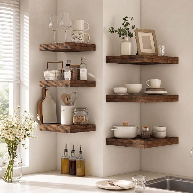 Deep Floating Shelves for Wall, 12 Inch Wide Small Wall Shelves Set of 2, 2 Inch Thick Invisible Wall Mounted Shelves for Bathroom Bedroom Nursery,Rustic Brown
