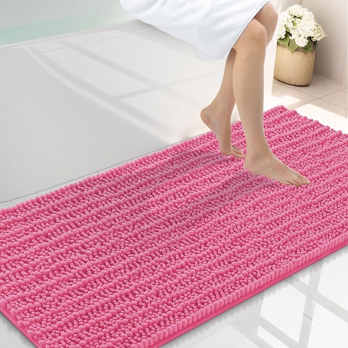 Smiry Bathroom Rugs 47X24, Extra Soft Rubber Backing Chenille Bath Mats | Hot Pink Machine Washable Non Slip Quick Dry Bath Mats for Bathroom Floor, Tub, Shower, Home Decor Accessories