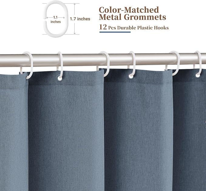 72x90 Boho Scalloped Linen Textured Cloth Shower Curtain, Blue Grey | Long Size, 230GSM Waterproof Polyester, Heavy Duty Fabric, 12 Plastic Hooks, Elegant Modern Farmhouse Style, Machine Washable