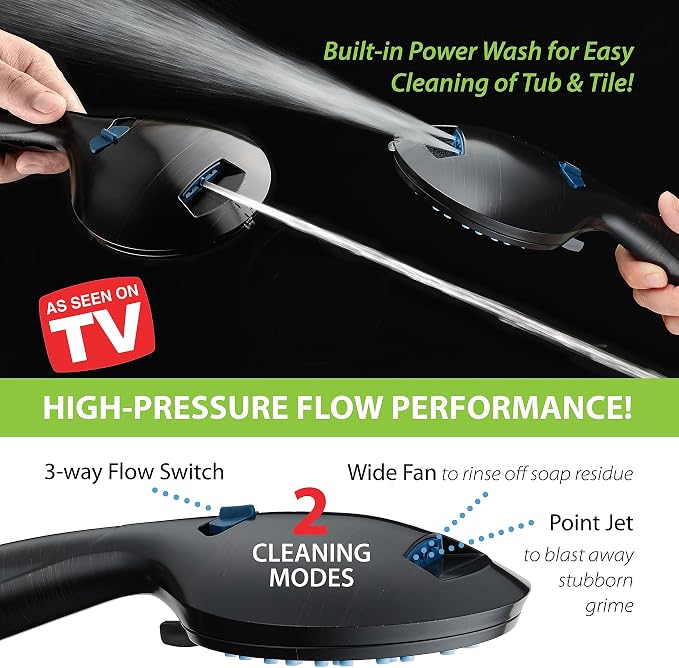 AquaCare 8-mode High Pressure Handheld Shower Head with 2-mode Power Wash | Stay Clean Nozzles, Dual Power Wash for Tub, Tile & Pets, Long 6 ft. Stainless Steel Hose, Wall & Overhead Brackets / Bronze