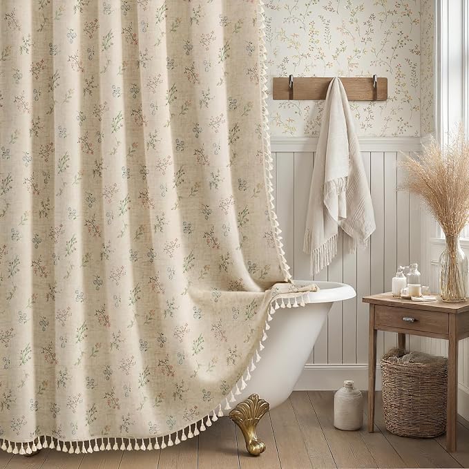 Floral Farmhouse Vintage Linen Shower Curtain, French Country Spring Shower Curtains for Bathroom with Tassels, 72Wx72H